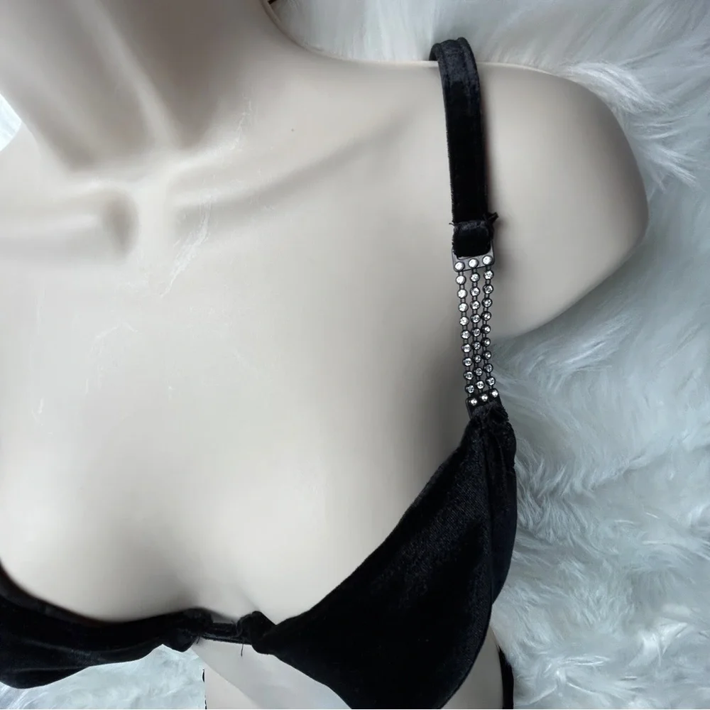 Glam Vintage Victoria's Secret Black Velvet & Diamond Push-Up Bra & Bikini Set‎